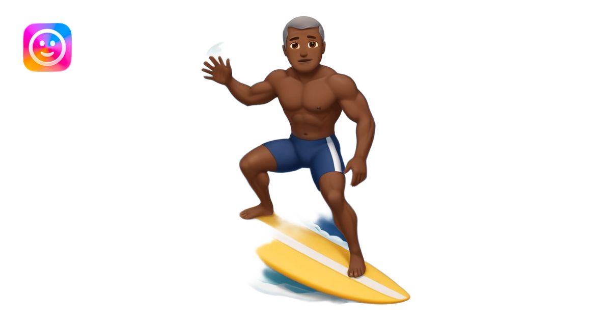 Dark muscular 50 year old man riding a big wave emoji | AI Emoji Generator