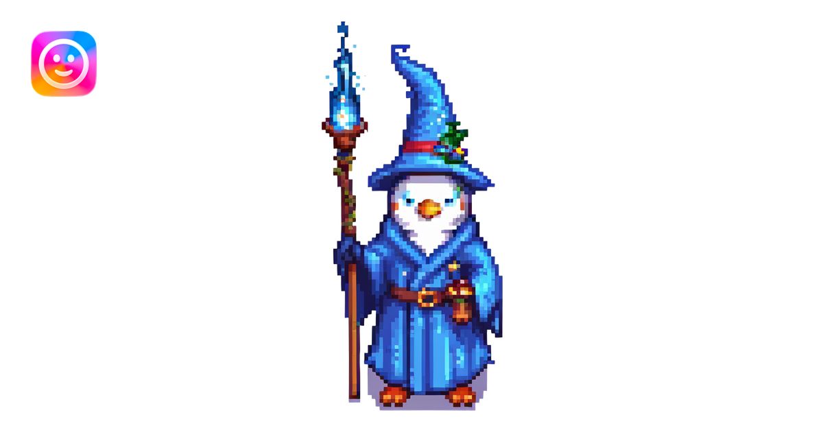pixel art penguin wizard with a blue robe and starry hat, casting a ...