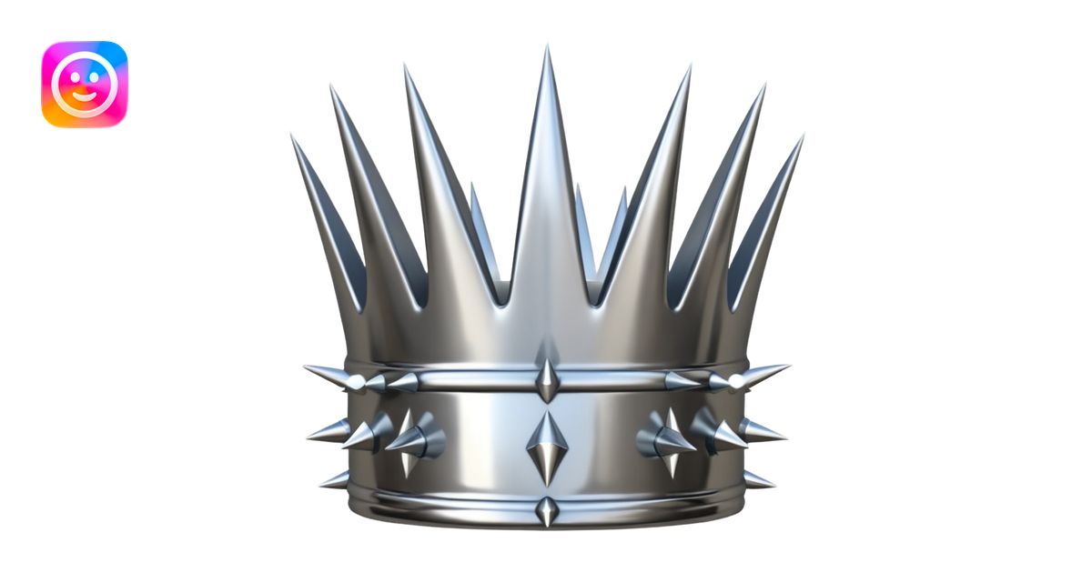 A spiked crown emoji made of silver chrome, sharp yet rounded metallic ...