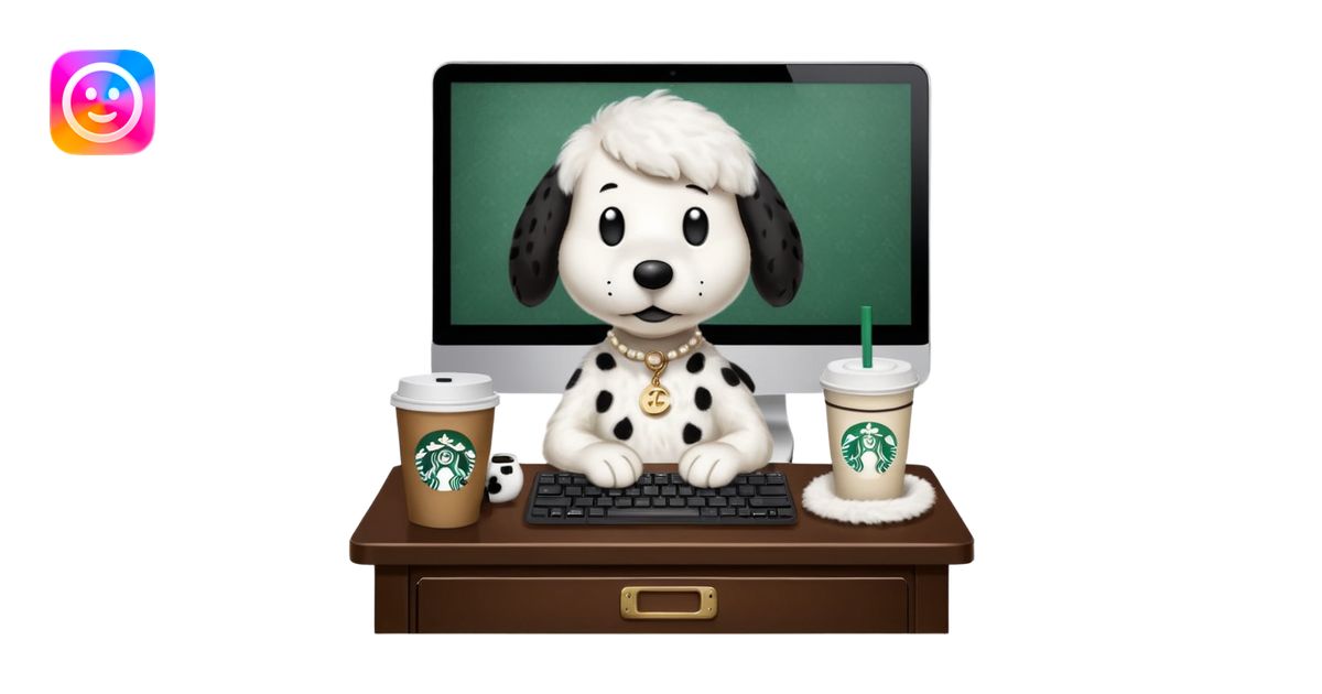 snoopy in a desk with starbucks and his chanel purse emoji | AI Emoji ...