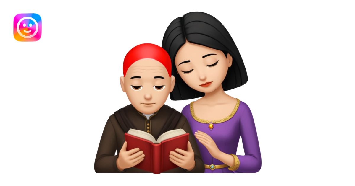 Bald headed man bowing to a black haired queen, while she read a book ...