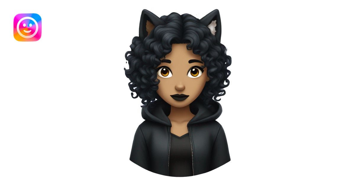 Goth girl with olive skin tone and a long black curly wolf cut emoji ...