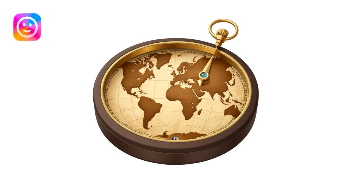 3D Brown golden map with Travel compass pointing to adventure emoji ...