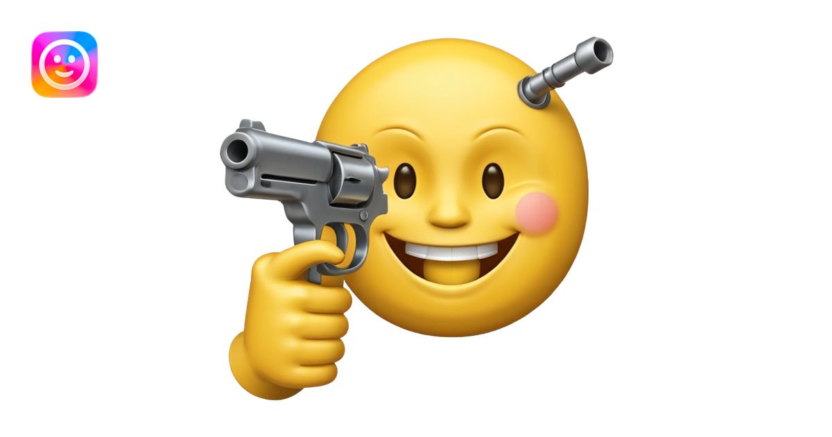 Yellow laughing face pointing gun at its own mount. The barrel of the ...