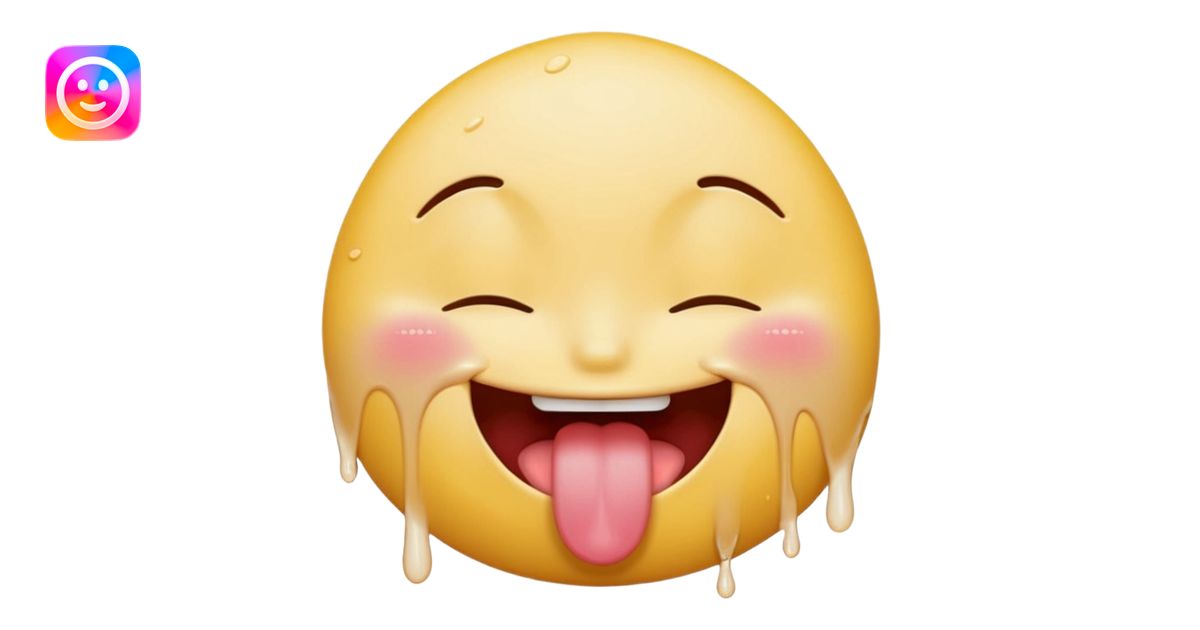Smiley face emoji, closed eyes, tongue out, tongue dripping, white ...