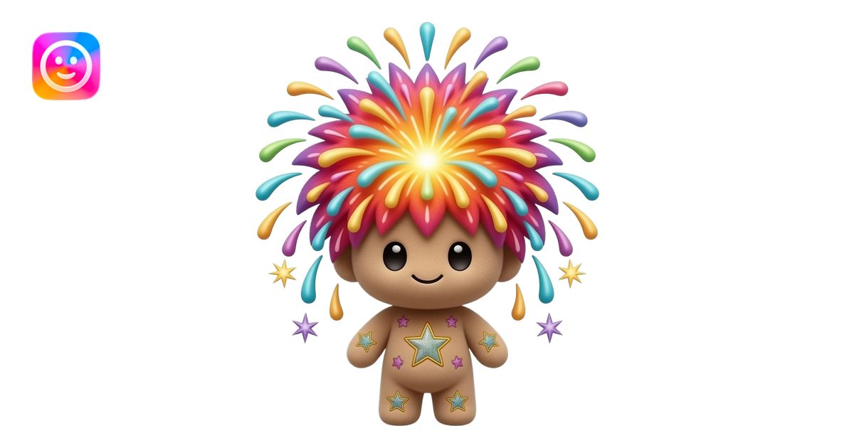 A full-body firework plushy with a giant sparkling head shaped like a ...