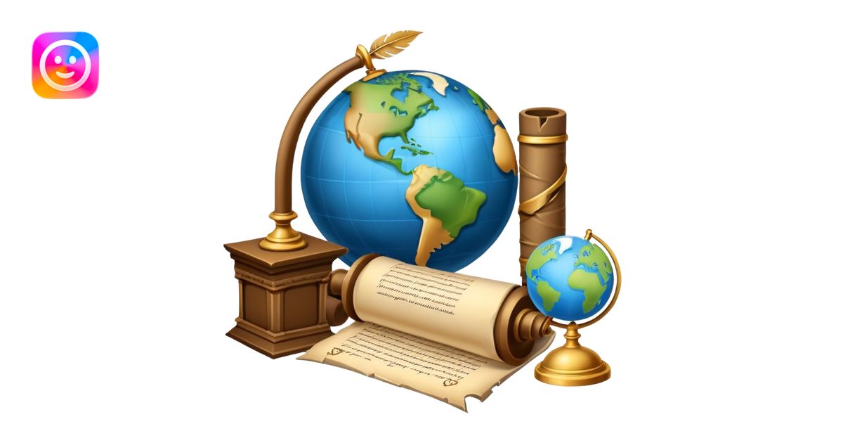 An icon featuring an ancient scroll, a quill pen, and a globe ...