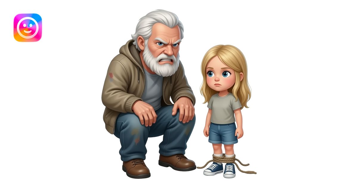 Small blond girl tied to the foot of an evil homeless 50 year old angry ...