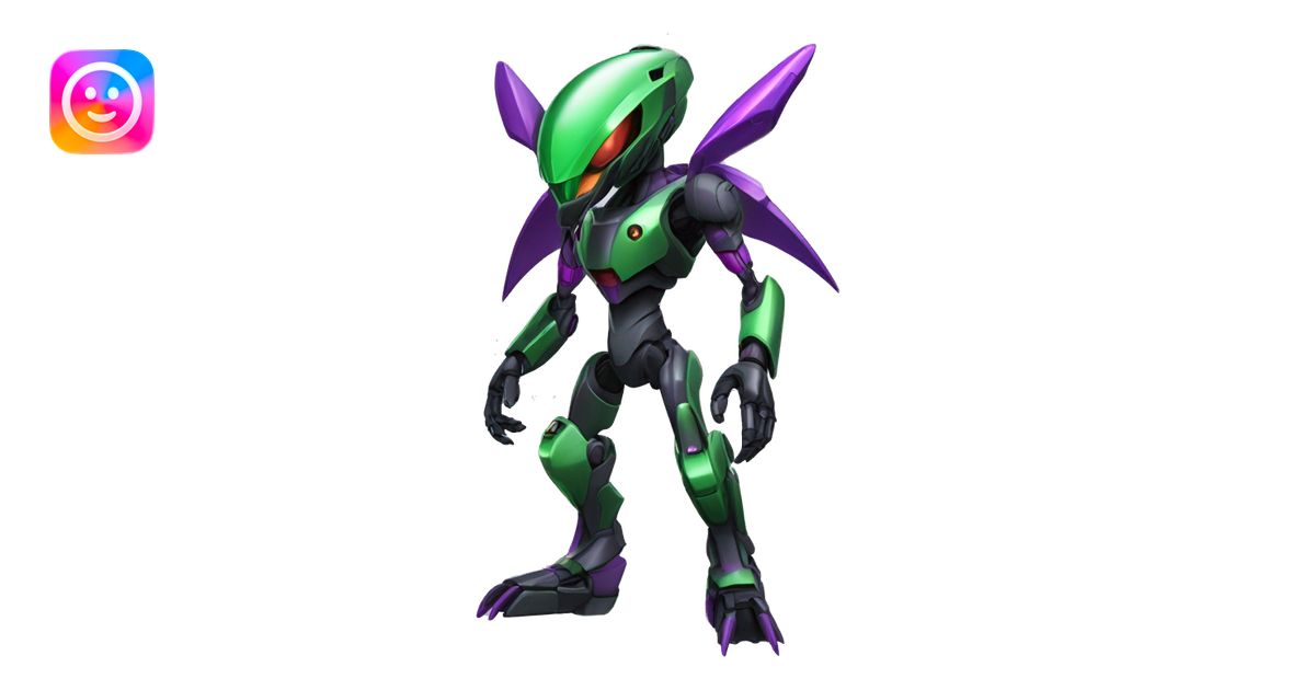 a shiny black-green-purple Genesect-Raptor-Fakémon-Medabot-hybrid with ...