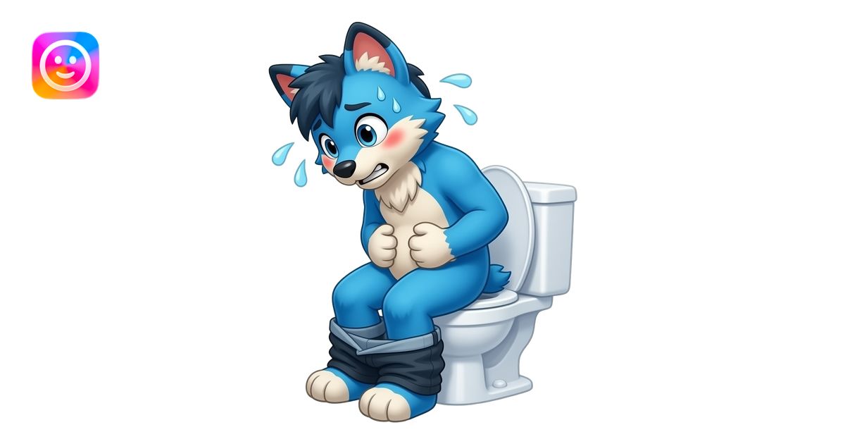 blue fursuit sitting on toilet, pants down, side view , hands on ...