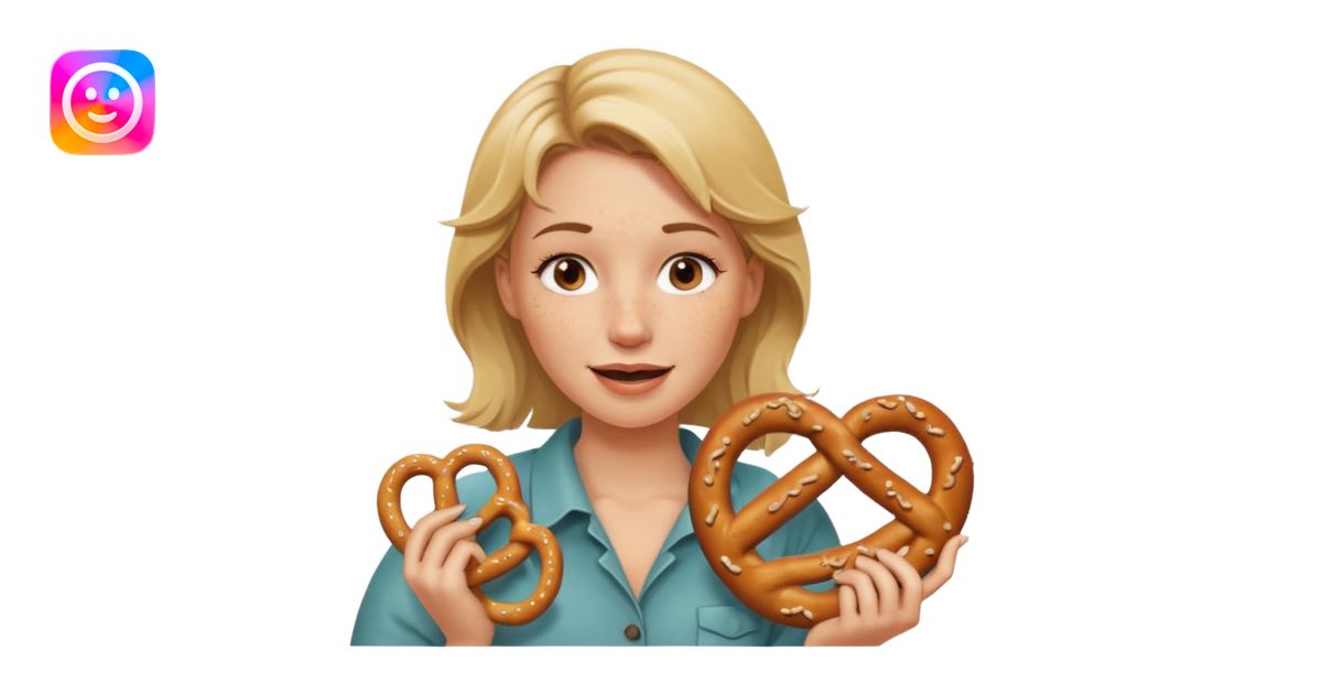 Winking, Dirty blond woman, fair skin with freckles, holding pretzel ...