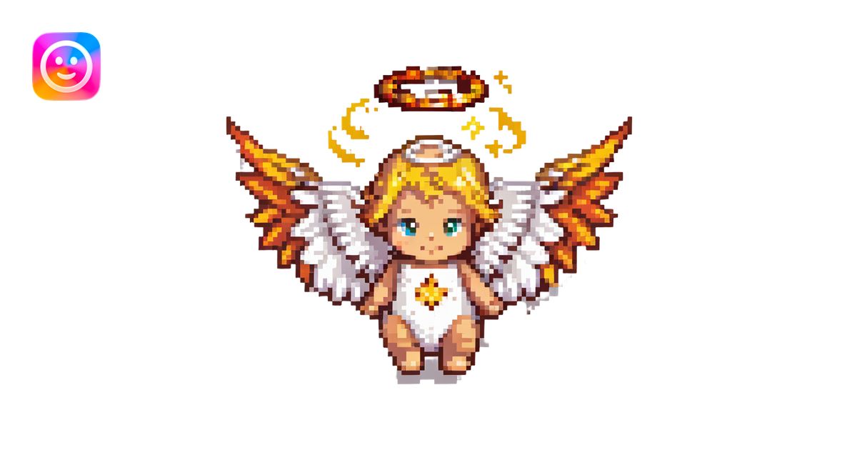 baby fire angel, pixel art, small wings, golden halo, fire elements ...