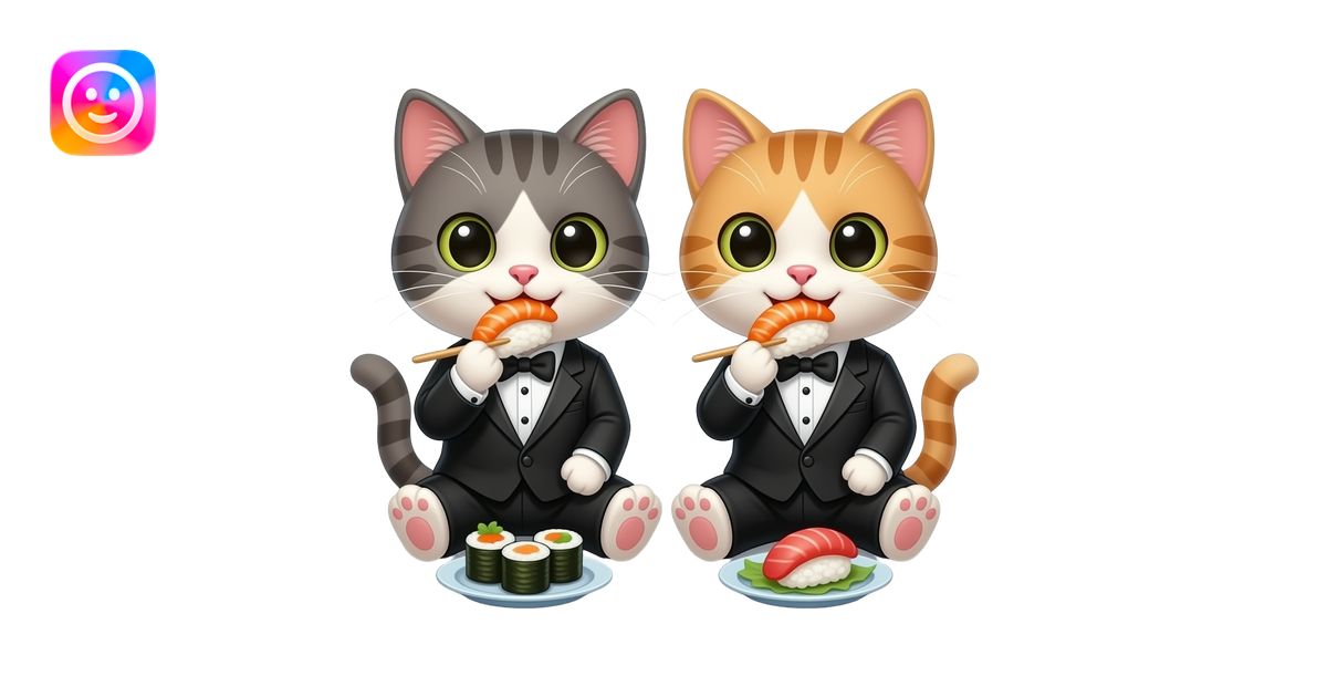 two happy cats with eyelashes dressed in tuxedos eating sushi emoji ...