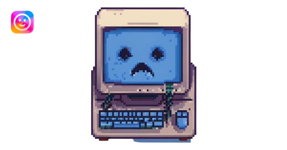 a pixel art computer showing a blue screen of death, with a sad face ...