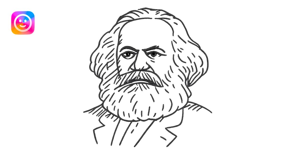 a black outline portrait of Karl Marx based on a famous portrait of him ...