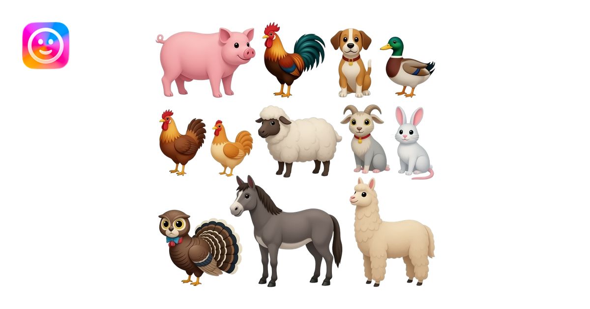 Farm animals: Cow, pig, rooster, dog, duck, cat, chicken, sheep, goat ...