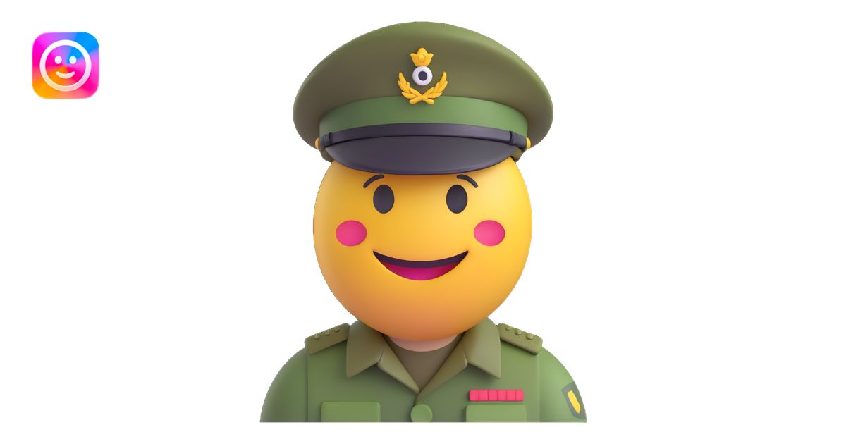 3D smiley emoji, round shape, soldier hat and camouflage uniform ...