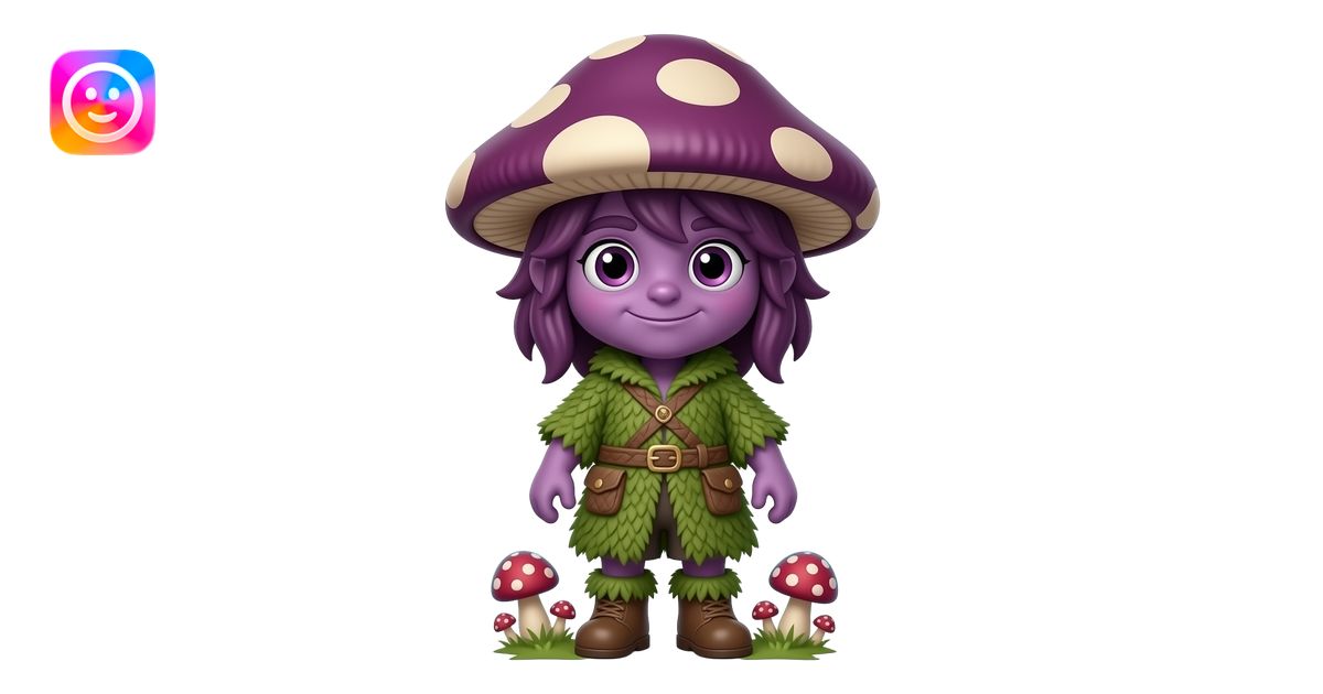 Full body spore druid mascot, mushroom magic, big head, small body ...