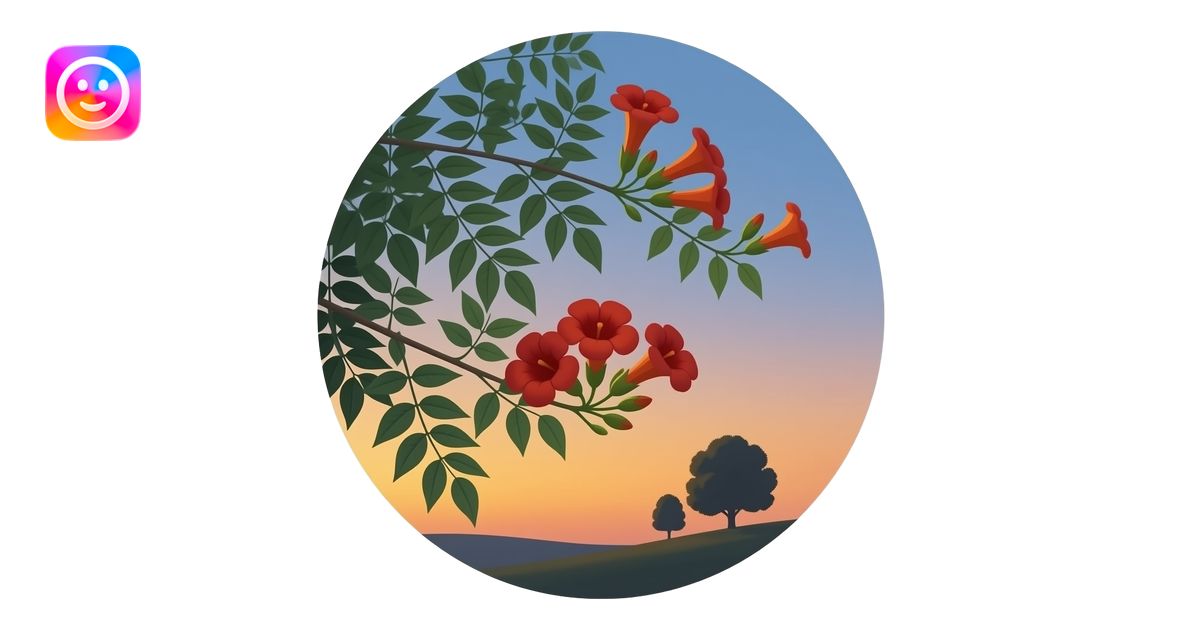 Realistic circular image (no white border): Campsis (tubular red‑orange ...