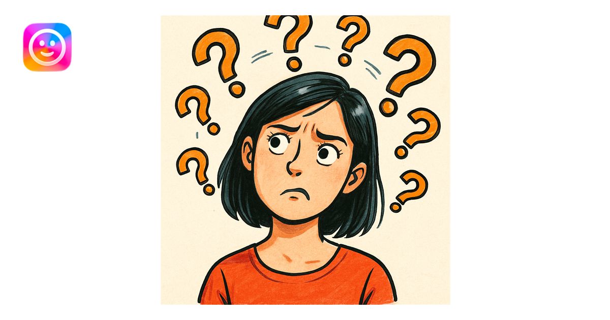 confused woman with straight dark hair, head tilted, question marks ...