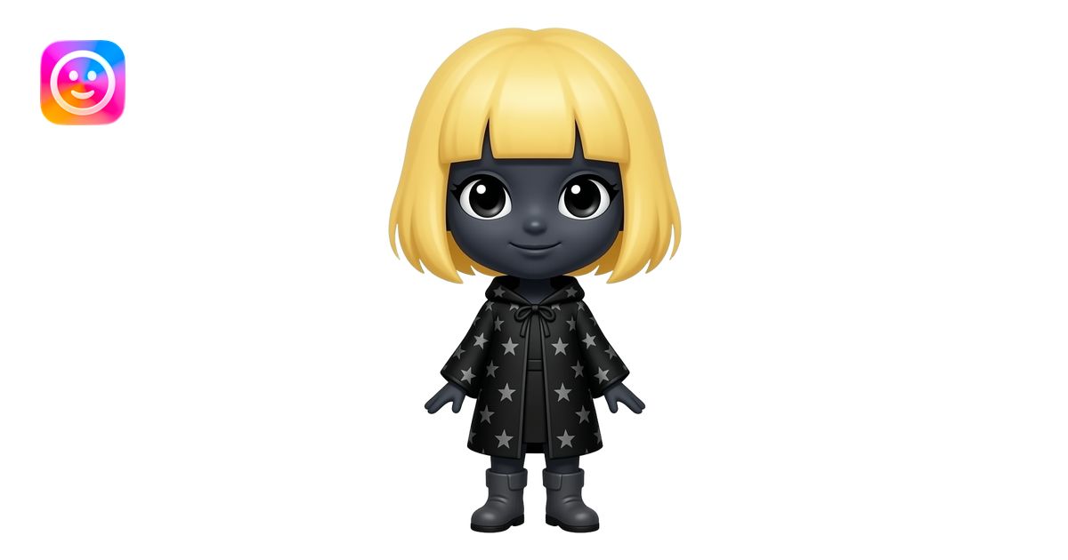 A small female eclipse entity mascot, large head and small body, with ...