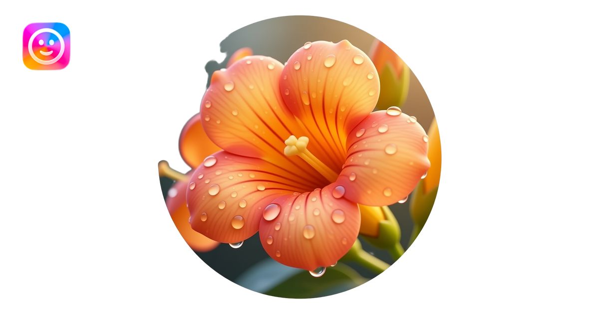 Realistic close-up of Campsis flowers with dew drops on petals, warm ...