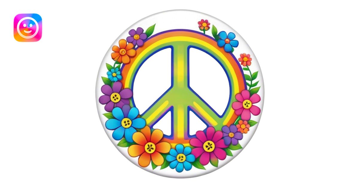 A round psychedelic colored button with the word “peace” in the center ...