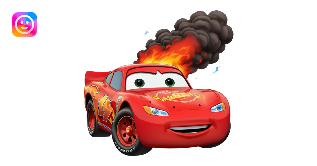 Lightning McQueen escaping a volcanic eruption emoji | AI Emoji Generator