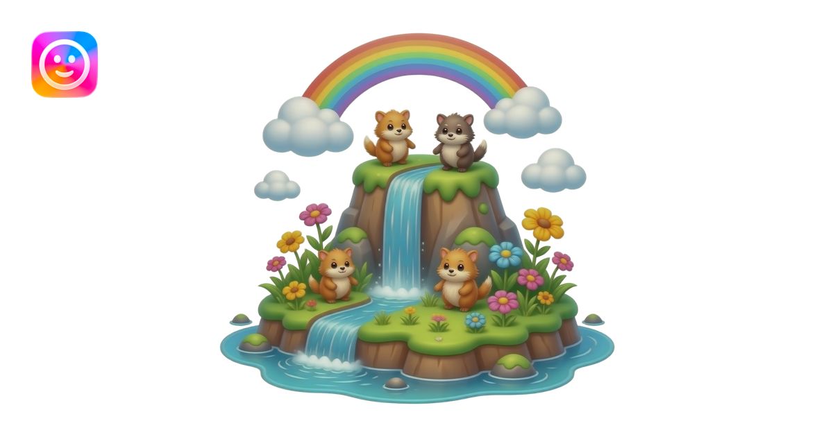 An island with little furry creatures, a beautiful waterfall with a ...