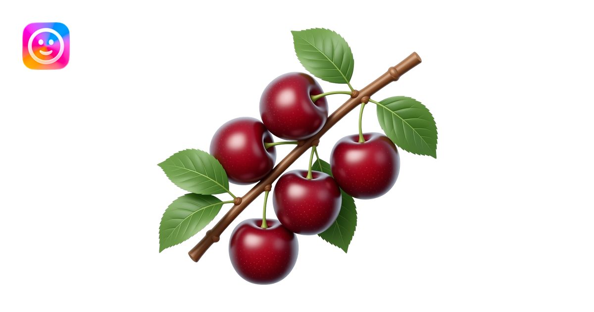 Photorealistic tree branch with exactly five ripe deep-red cherry plums ...