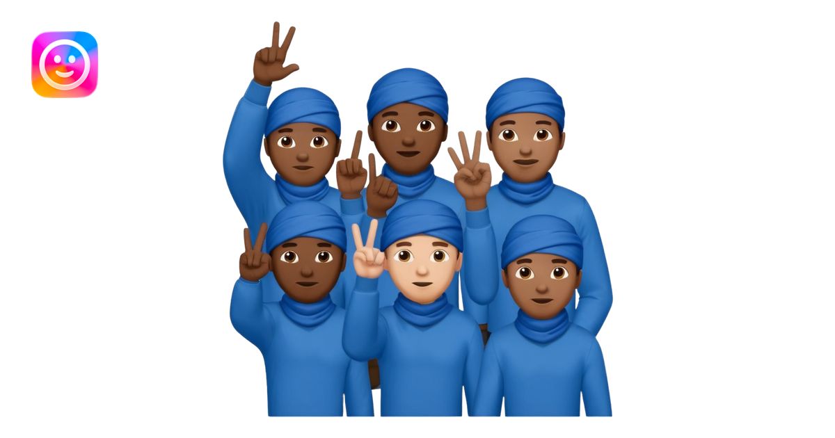 Group of black men with guns, blue clothing, blue bandanas, throwing up ...