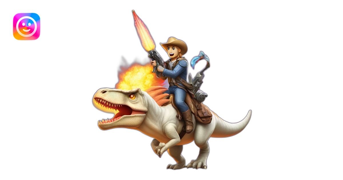a t-rex riding an unicorn whilst firing guns emoji | AI Emoji Generator