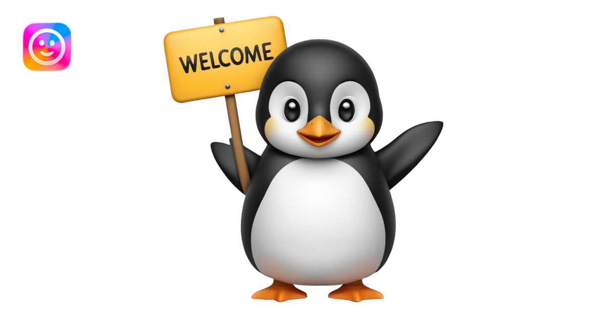Penguin that holds big welcome sign emoji | AI Emoji Generator