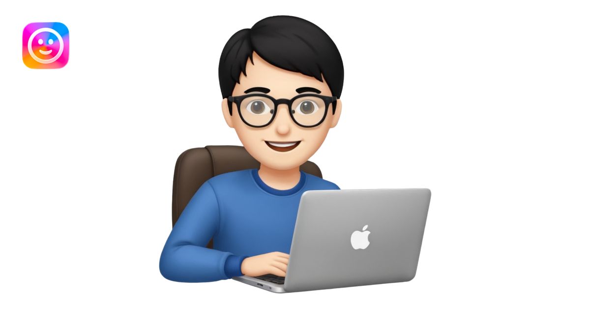make an emoji of a happy malenerd black hair developer behind laptop ...