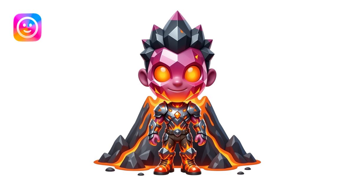 Full body crystal volcano entity with a big head, small body, glowing ...