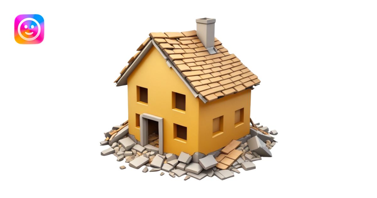 3D iPhone style emoji of a completely destroyed house, heavily damaged ...