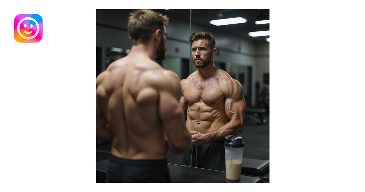 realistic male bodybuilder in definition phase, shirtless in front of ...