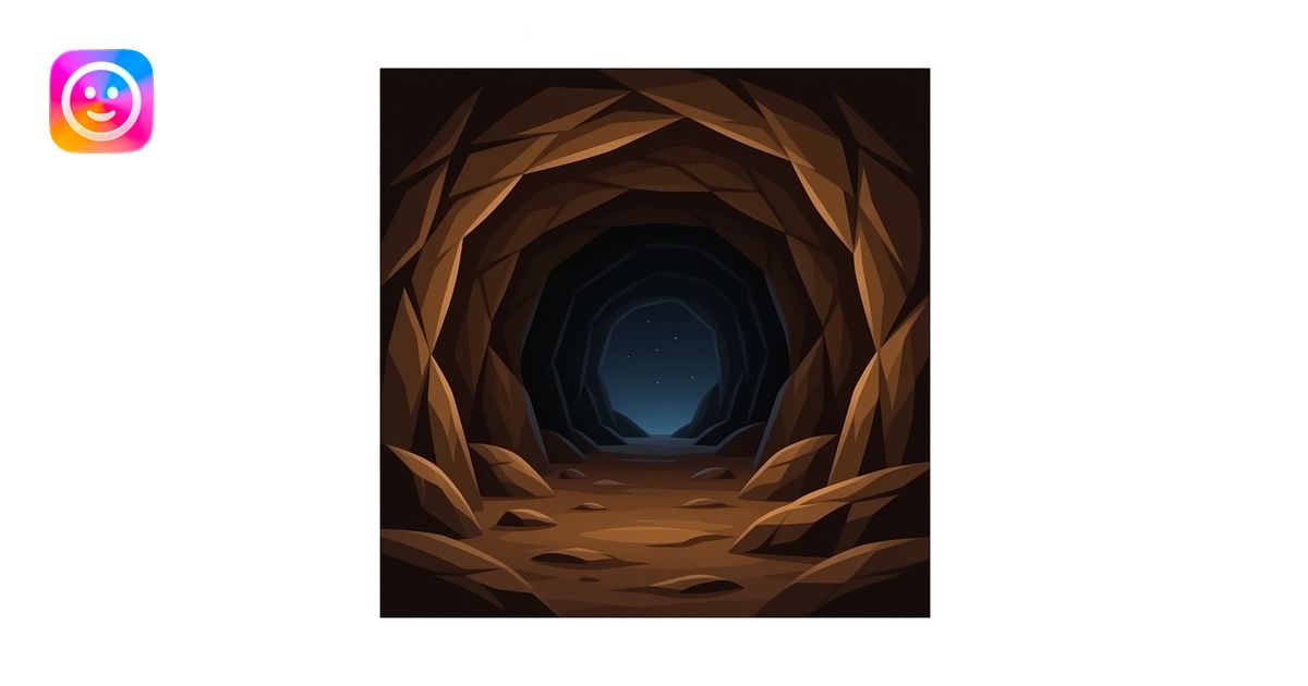 Inside a dark, primitive brown rock cave. Very dim light. Empty, rough ...