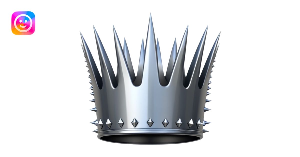 A spiked crown emoji made of silver chrome, sharp yet rounded metallic ...