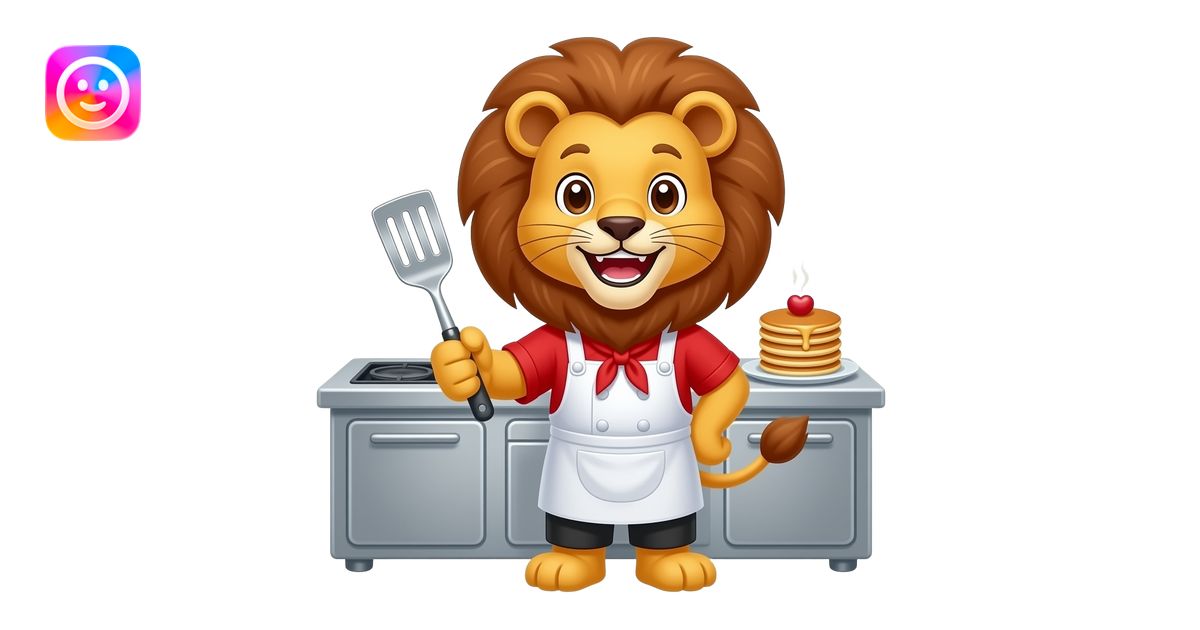 Cute lion in red chef uniform holding spatula, cartoon animal character ...