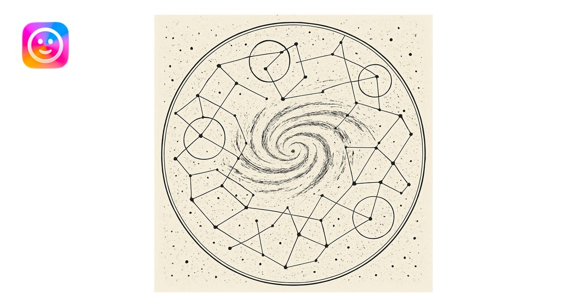 a design for an decorative black and white star map, showing linework ...