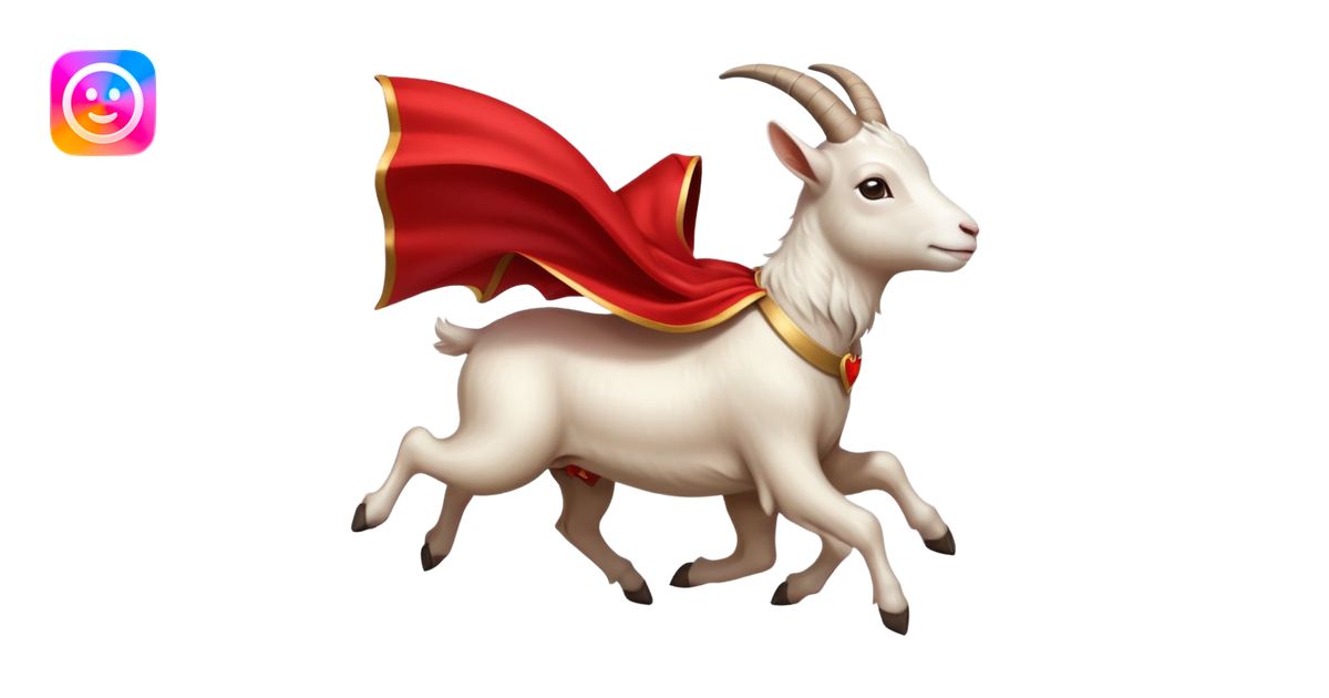 side view of white female goat wearing a read cape like superman emoji ...