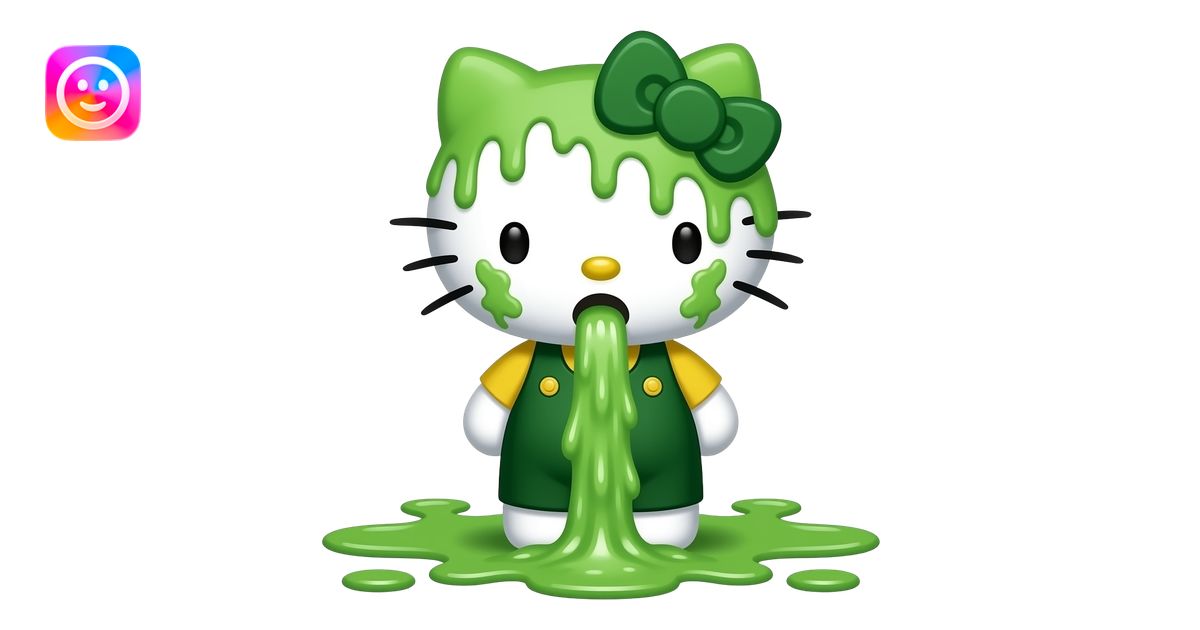 A green and white Hello Kitty with a vomit-covered face meets a silly ...