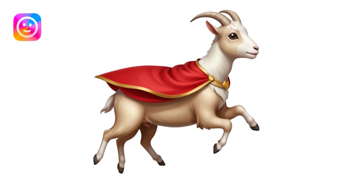 side view of white female goat wearing a read cape like superman emoji ...