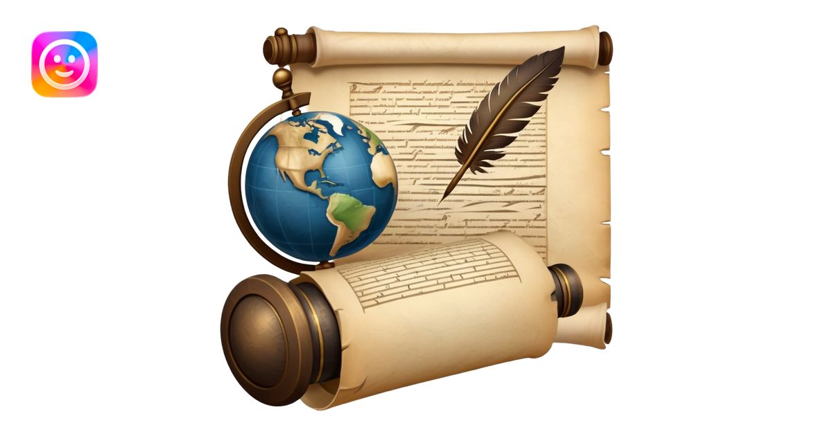 An icon featuring an ancient scroll, a quill pen, and a globe ...