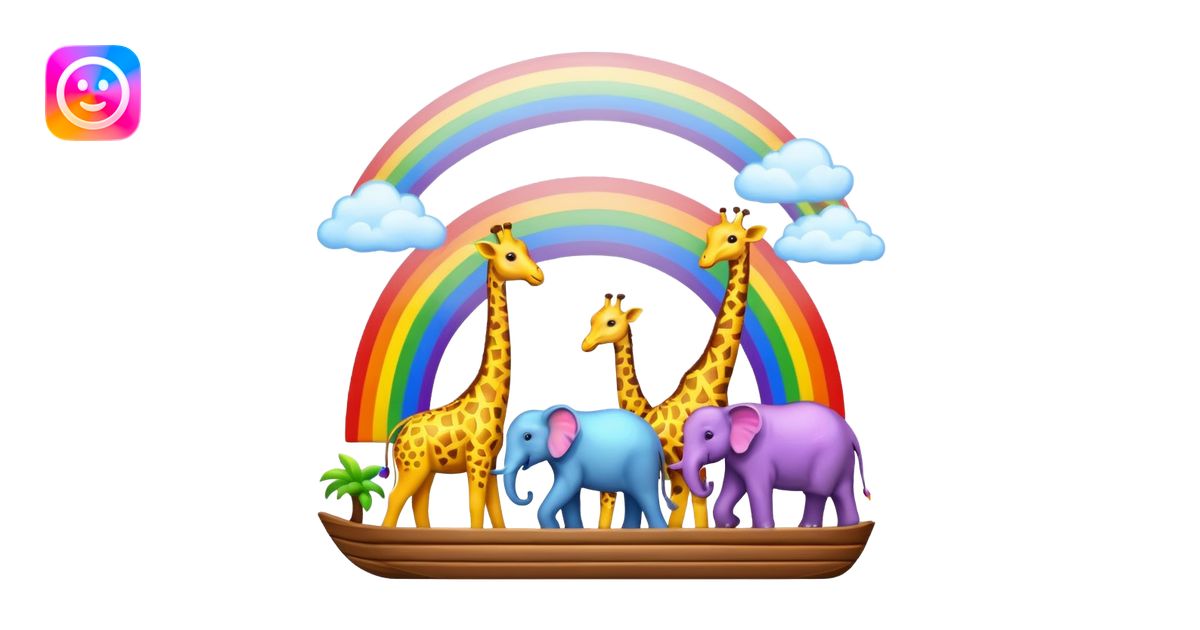 Cartoon ark with giraffes, elephants, rainbow emoji | AI Emoji Generator