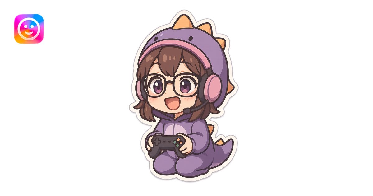 chibi anime style gamer girl with glasses, brown hair, dark purple eyes ...