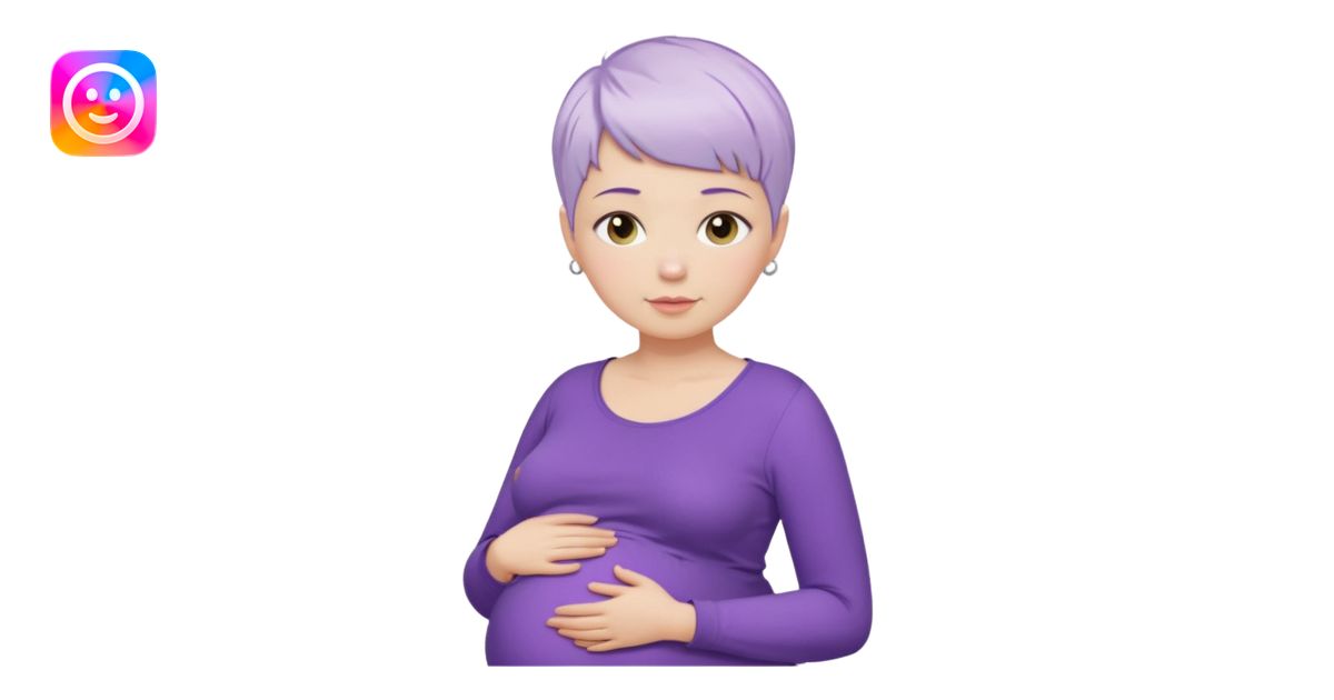 pregnant woman with purple shirt and short pixie cut WHITE hair. only ...