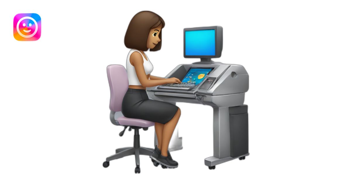 une femme qui a une machine ordinateur portable sur sa main emoji | AI ...