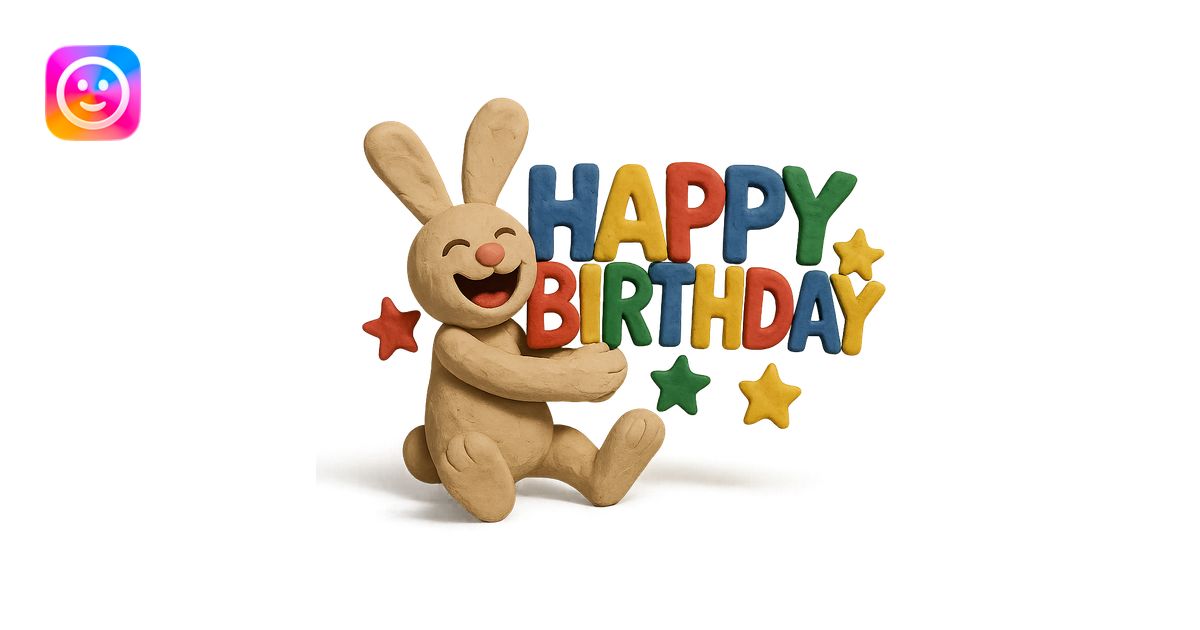 laughing bunny hugging 'Happy Birthday' letters with stars, full body ...